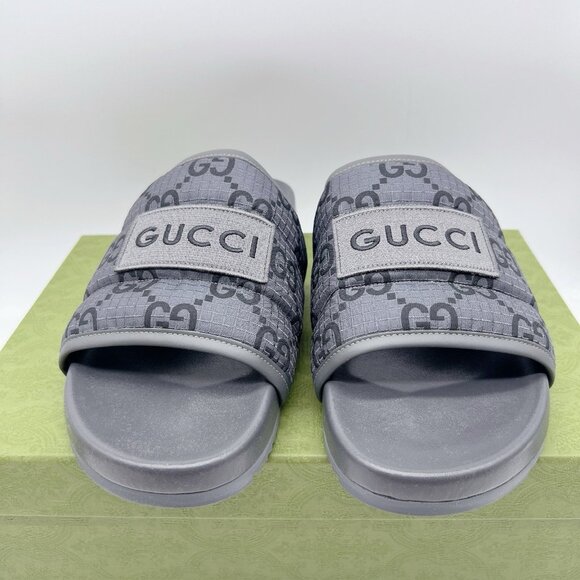 GUCCI Mens GG LOGO Ripstop Monogram Gray Slides Sandals 771466 Men UK 12 US 12.5 - Picture 6 of 16